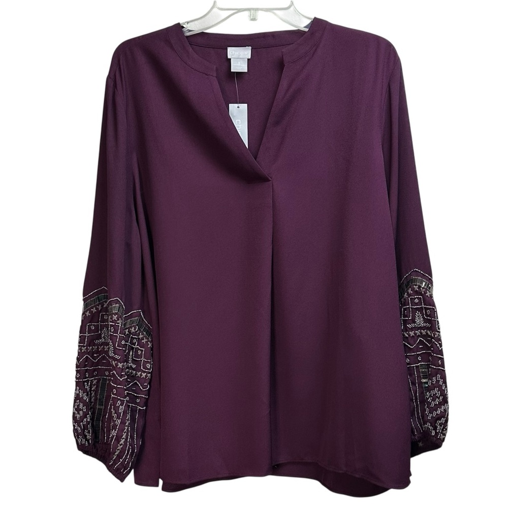 Chico's Plum Embroidered Sleeve Blouse